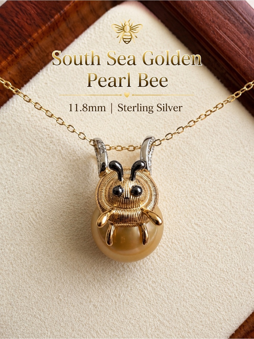 South Sea Golden Pearl Bee Pendant 🐝 | 11.8mm | S925 Sterling Silver | New - Picture 1 of 11